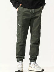Men's Army Green Cotton Cargo Pants with Zipper Pockets