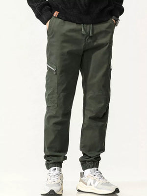 Men's Army Green Cotton Cargo Pants with Zipper Pockets
