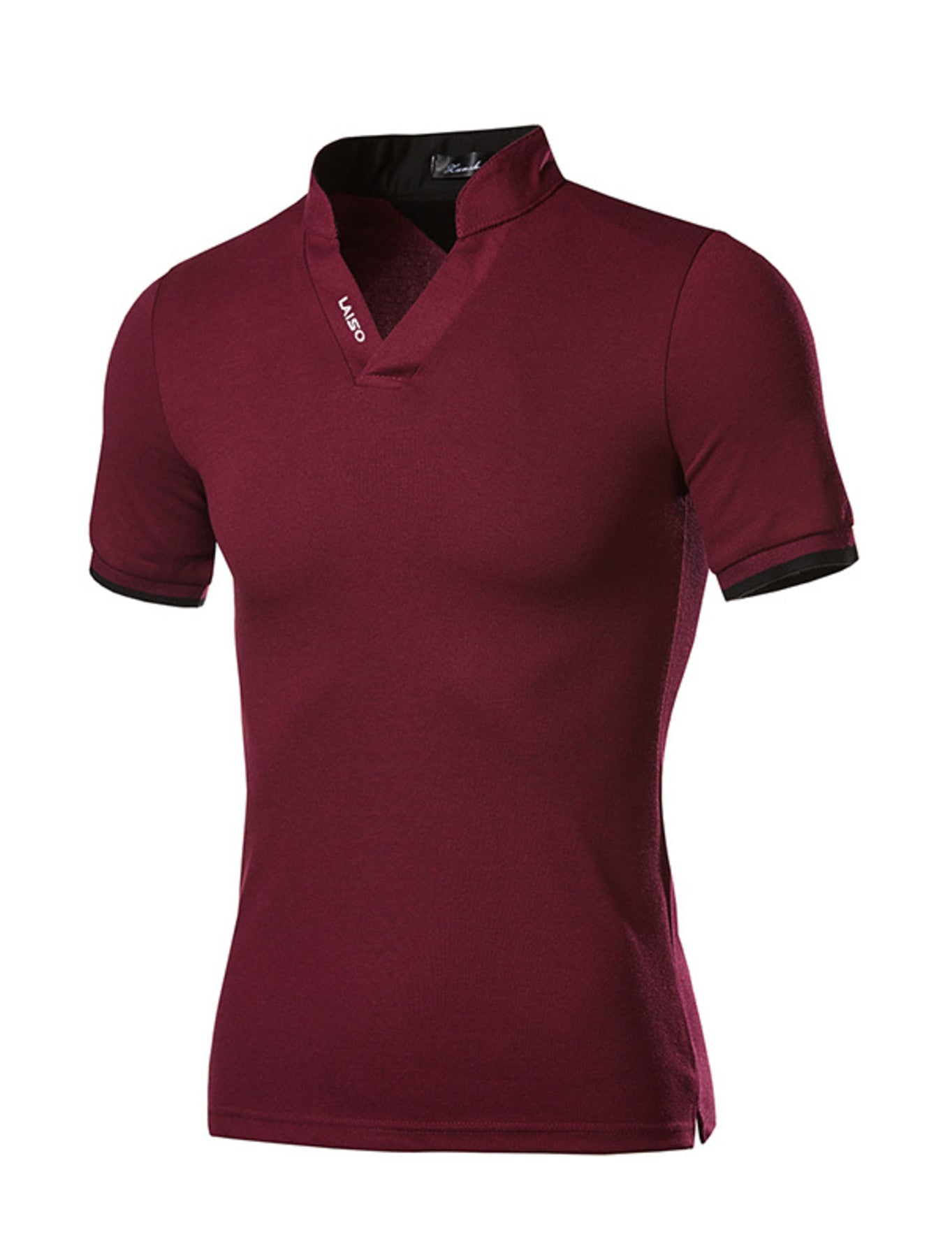 Burgundy men's cotton undershirt with notched V-neck and short sleeves.