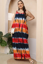 Multicolor tie-dye maxi dress with adjustable tie straps and a relaxed fit.