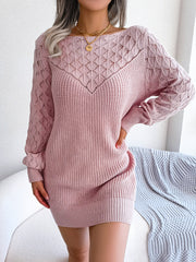 Dusty Pink diamond knit yoke sweater dress with a V-neck and long sleeves.