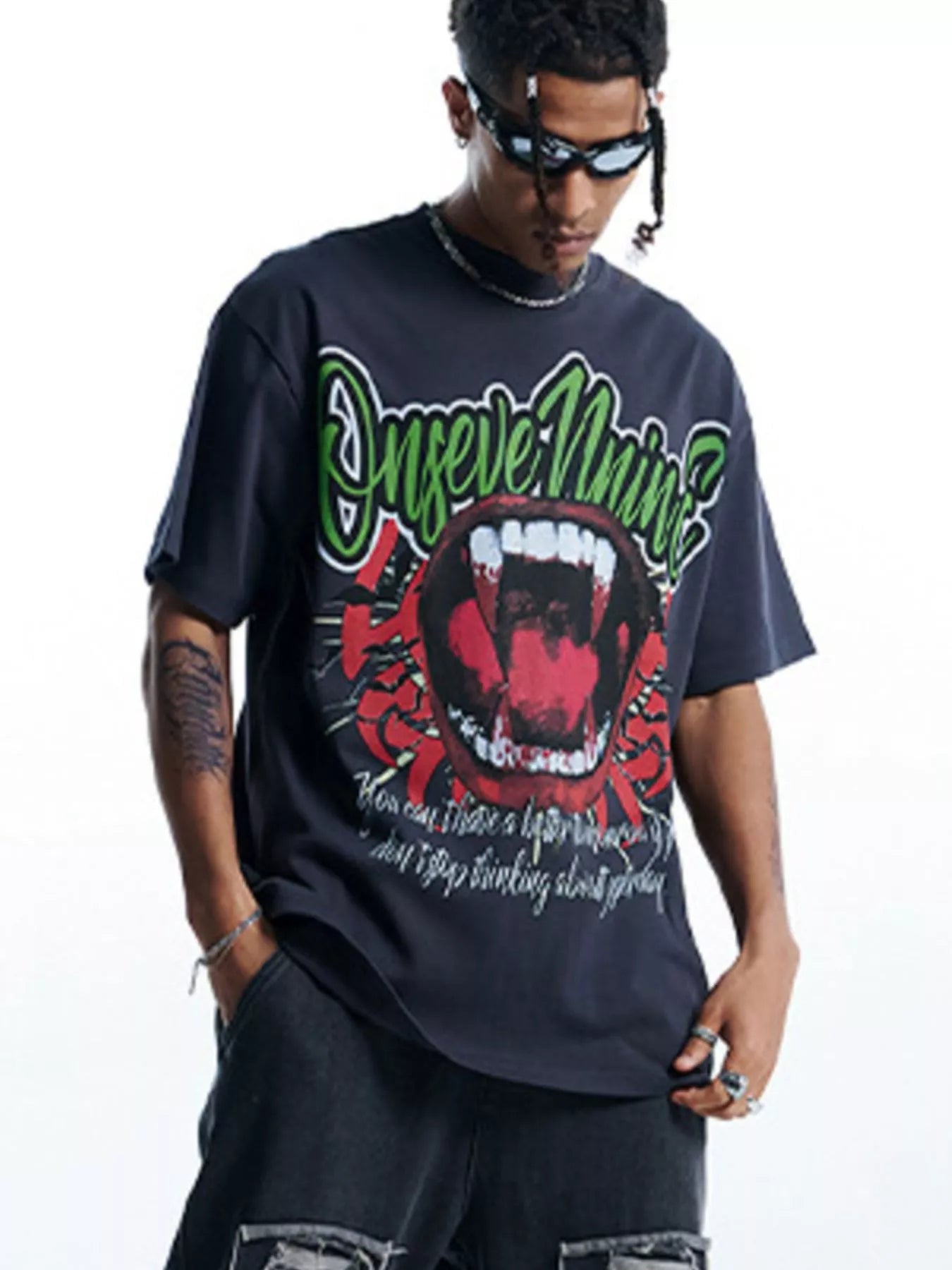 Dark gray 100% cotton oversized graphic t-shirt with a bold vampire mouth design and text.