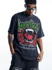 Dark gray 100% cotton oversized graphic t-shirt with a bold vampire mouth design and text.
