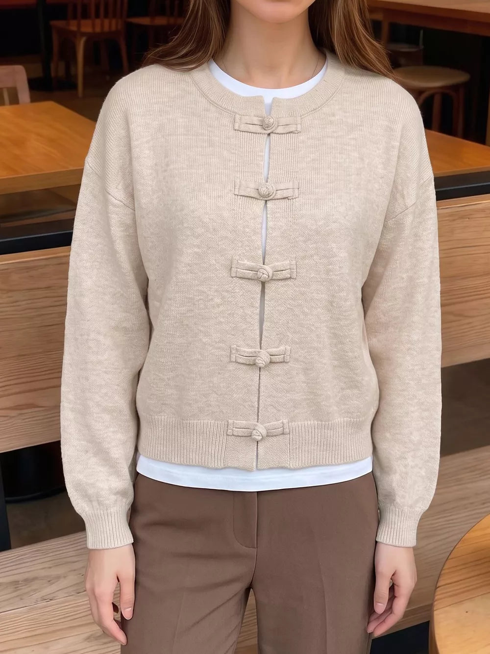 Button-down Long-sleeve Top in Apricot, side view