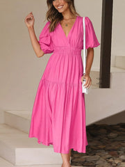 Hot Pink Airy Puff Sleeve Midi Dress with V-neck and tiered skirt