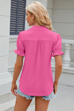 Hot Pink eyelet polo blouse with short ruffled sleeves and button detail.