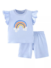 Light blue cotton blend toddler set with rainbow graphic and ruffle sleeves