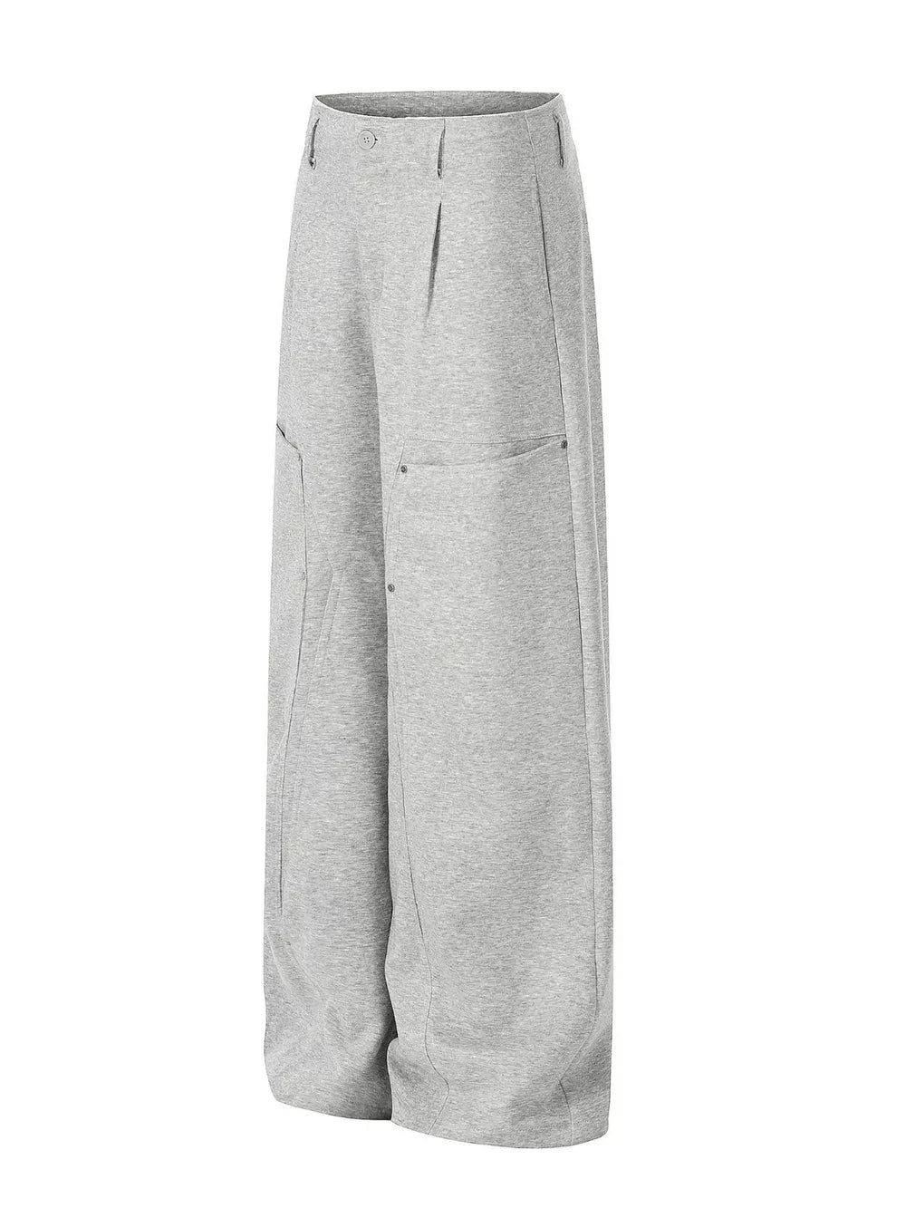 Gray wide-leg sweatpants with pleated front and cargo pockets.