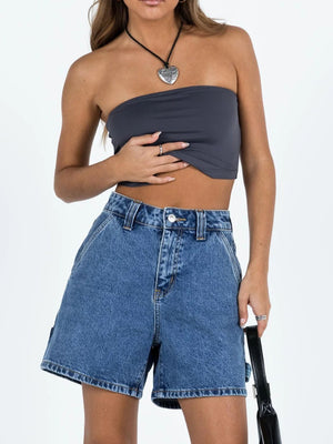 Light blue wash denim carpenter shorts with a relaxed fit and utility details.
