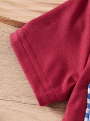 Maroon baby set with blue and white gingham trim and American flag embroidery detail.