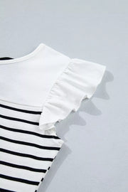 Striped cotton tank top with white ruffled cap sleeves and a white yoke.
