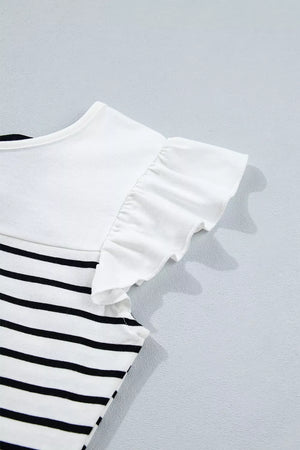 Striped cotton tank top with white ruffled cap sleeves and a white yoke.
