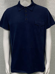 Navy utility pocket polo shirt with short sleeves and a button placket.