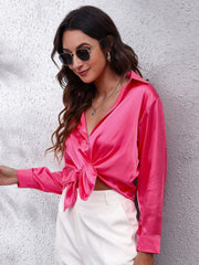 Satin collared button-down shirt in Strawberry, tied at waist