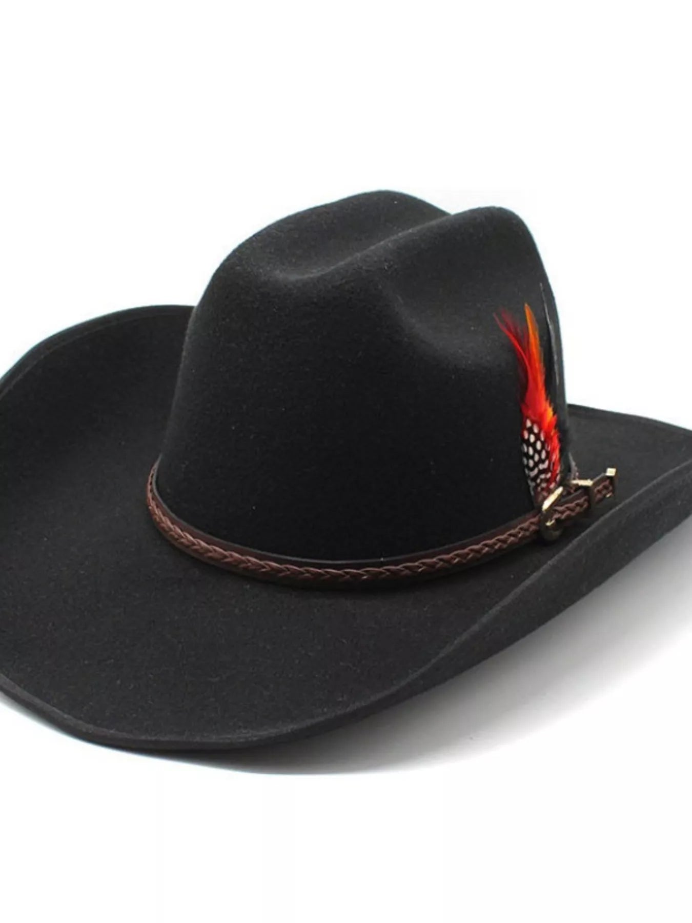 Black cotton cowboy hat with braided band and feather accent