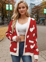 Love Letter Intarsia Knit Cardigan in Deep Red with white hearts, button front, acrylic.