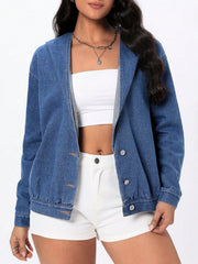 Medium wash denim bomber jacket with hood and button closure, casual outerwear.