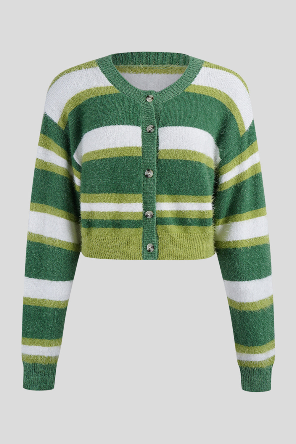 Green striped cropped button-up knit cardigan with fuzzy texture