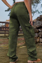 Army green utility cargo pants with wide legs and multiple pockets.