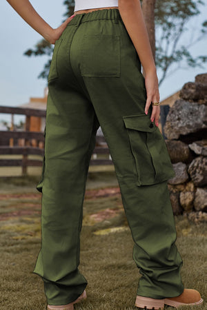 Army green utility cargo pants with wide legs and multiple pockets.