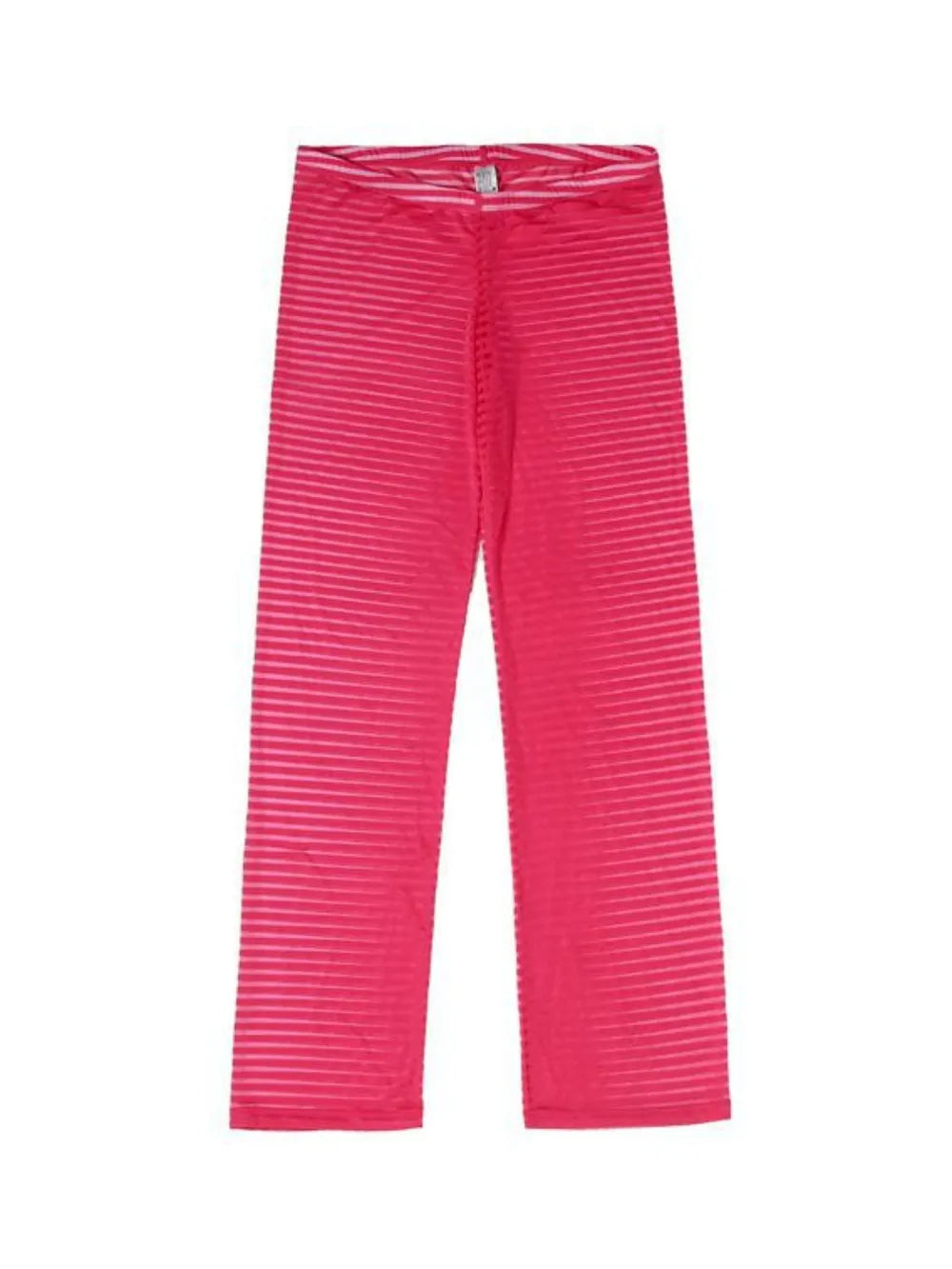 Horizontal stripe sheer flare trousers in strawberry pink with a comfortable elastic waistband.