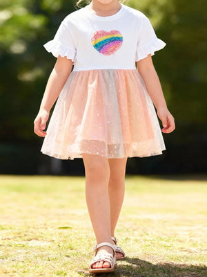 Baby girl's white dress with rainbow heart applique and sparkly pink tulle skirt.