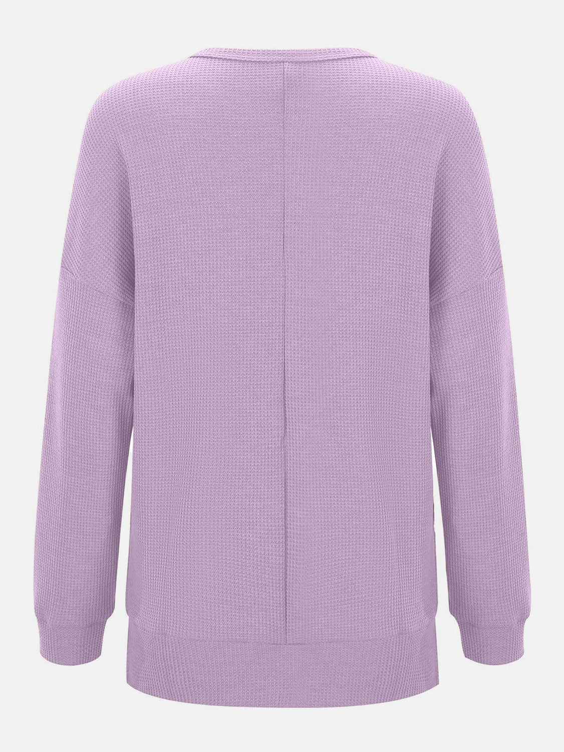 Lavender waffle knit relaxed fit crewneck top with long sleeves and a seam down the back.