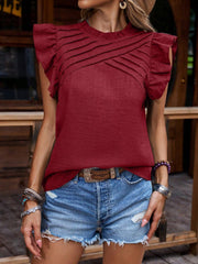 Burgundy pleated yoke ruffle sleeve blouse with crew neck.