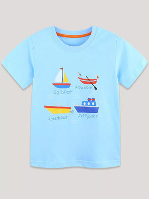 Light blue cotton t-shirt with a whimsical cartoon boat print and orange neckline trim.