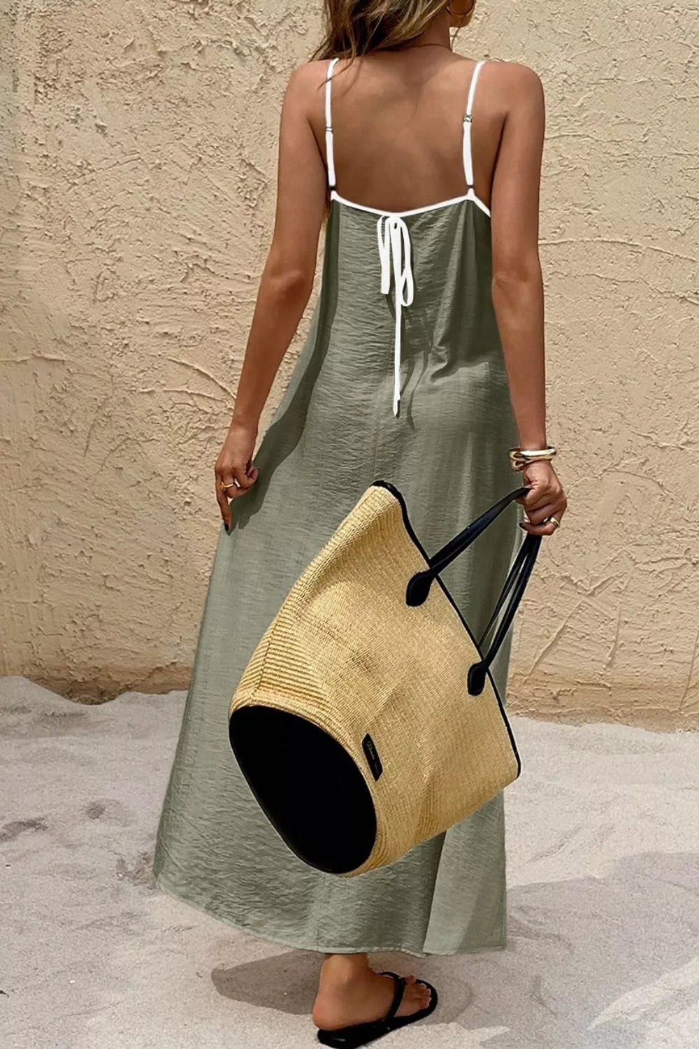 Spaghetti Strap Maxi Dress With Contrast Trim in Matcha Green, side view