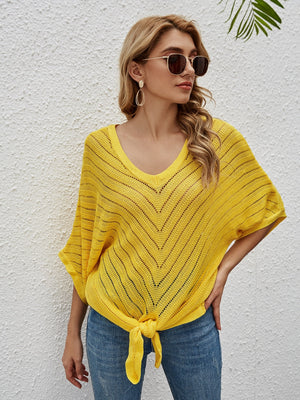Yellow chevron knit tie-front cover-up with V-neck and batwing sleeves.