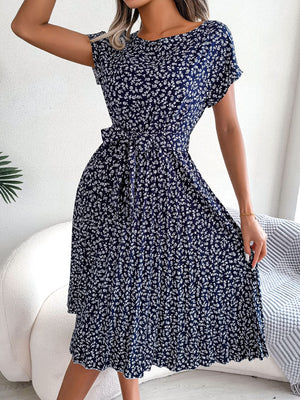 Navy floral print midi dress with tie waist and short sleeves