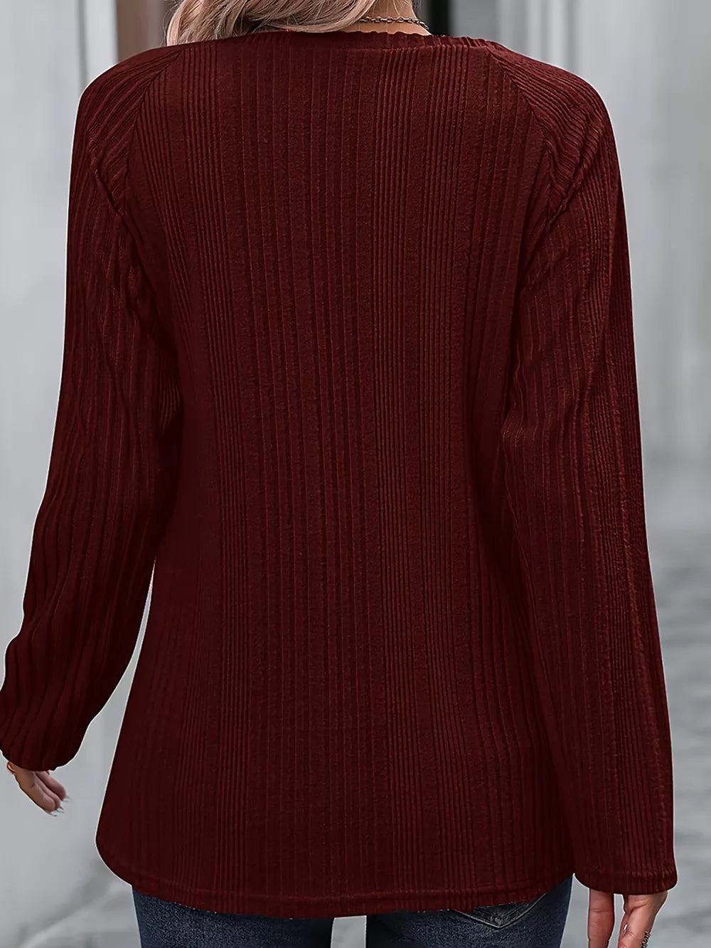 Ribbed Long Sleeve T-shirt With Button Detail in Black, fit detail
