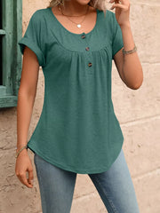 Sage relaxed henley t-shirt with button detail and cuffed short sleeves.
