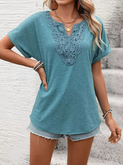Blue-green relaxed fit t-shirt with lace neckline detail and cuffed short sleeves.