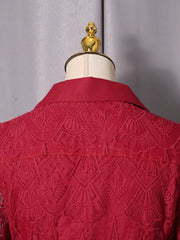 Red lace midi dress with collared neckline and button placket detail.