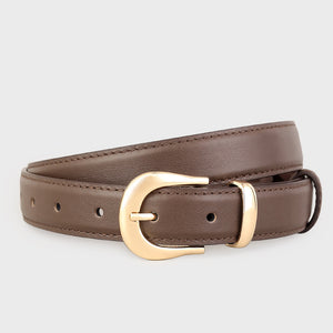 Brown leather belt with polished gold buckle and stitched edges.