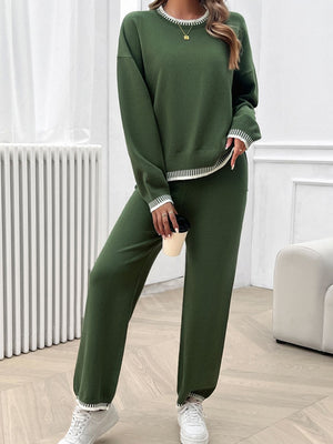 Army green knit lounge set with white ribbed trim on crewneck, cuffs, and hem.