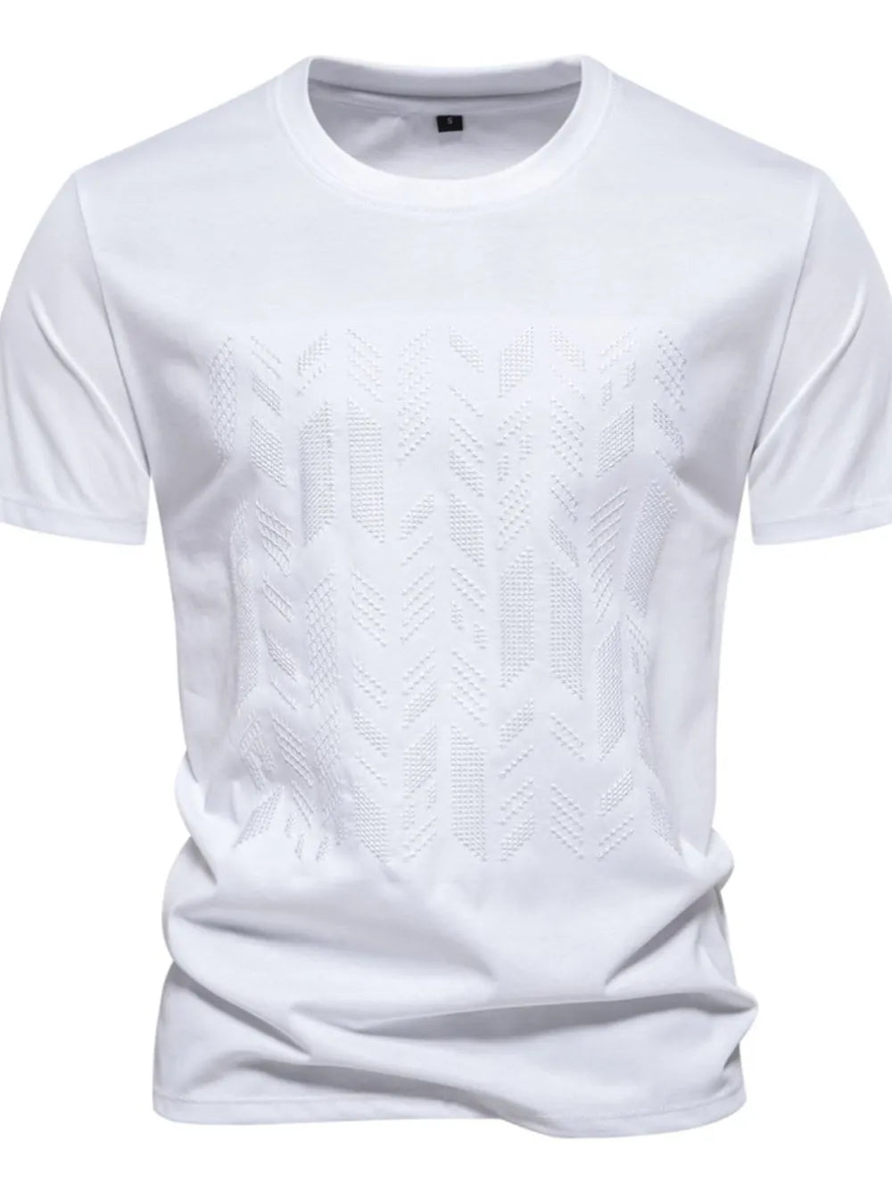 White t-shirt with embossed geometric pattern, crew neck, short sleeves.