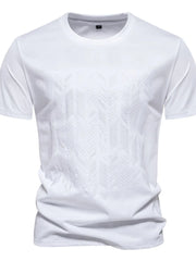 White t-shirt with embossed geometric pattern, crew neck, short sleeves.