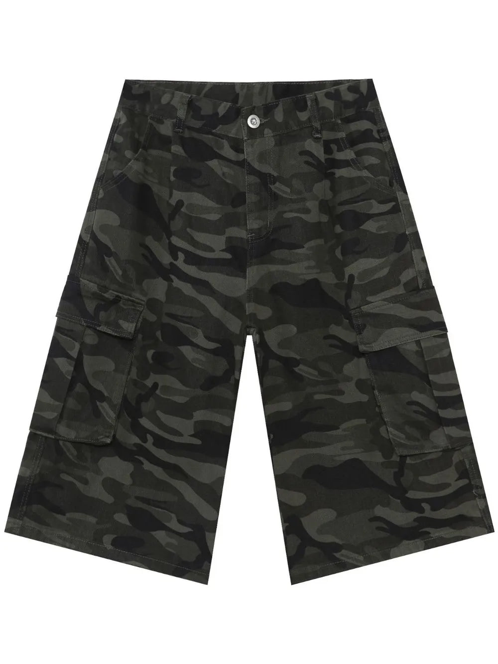 Pleated camo culotte cargo shorts in green camouflage with button closure and multiple pockets.