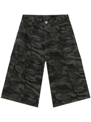 Pleated camo culotte cargo shorts in green camouflage with button closure and multiple pockets.