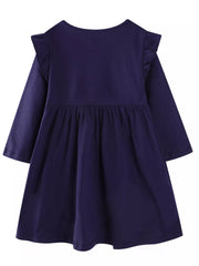 Dark navy long-sleeve baby dress with ruffle shoulders and gathered waist