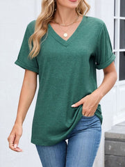 Dark green v-neck t-shirt with cuffed short sleeves and a relaxed fit.