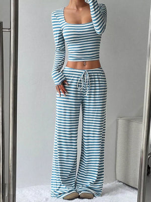 Blue and white striped two-piece set with crop top and drawstring pants