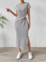Elegant Striped Midi Dress With Tie Detail