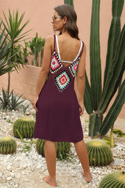 Burgundy crochet yoke cover-up dress with colorful granny square detail and spaghetti straps.