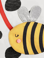 Toddler t-shirt with black polka dots and a yellow bee applique with silver wings.