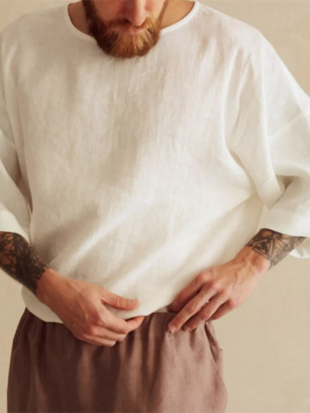 Men's Loose Fit Round Neck T-shirt Plus Size in White, model styling view