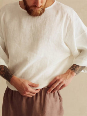 Men's Loose Fit Round Neck T-shirt Plus Size in White, model styling view